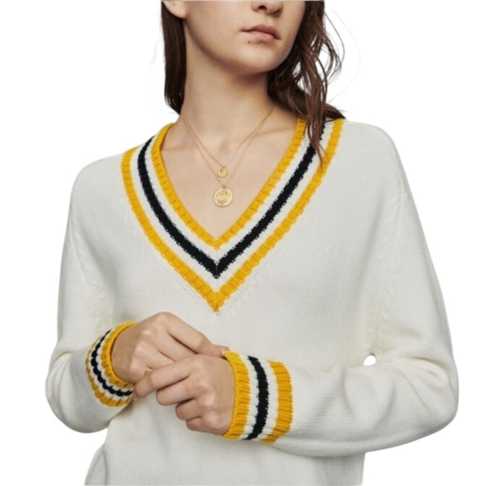MAJE Mateo Banded Stripe Wool Cashmere Contrast Varsity Jumper
